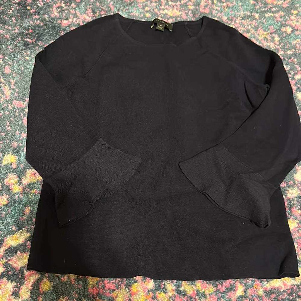 Navy flute ruffle sleeve stretchy Ann Taylor blue sweater top xs.